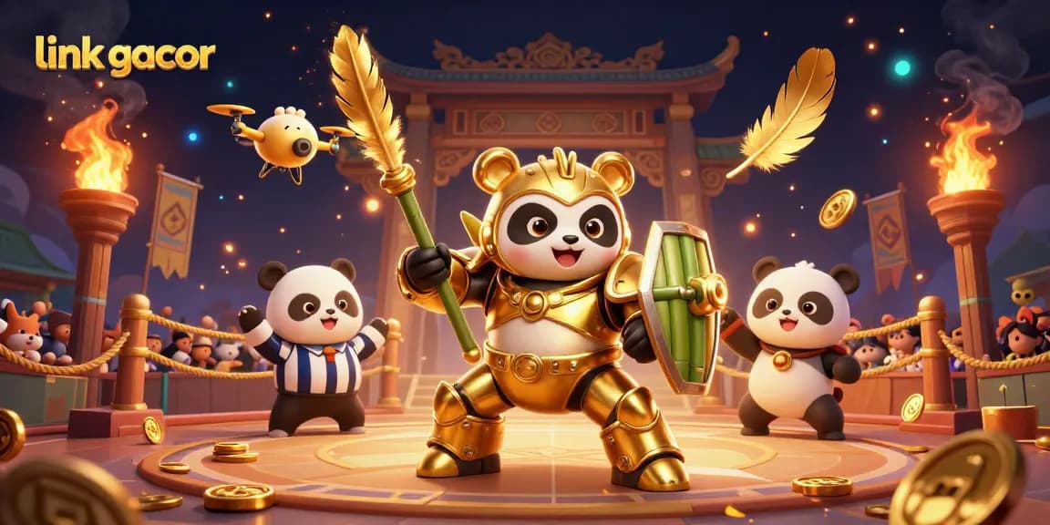 Engage with link gacor as a dynamic 3D scene showcases a mech-suit panda in a vibrant casino arena.