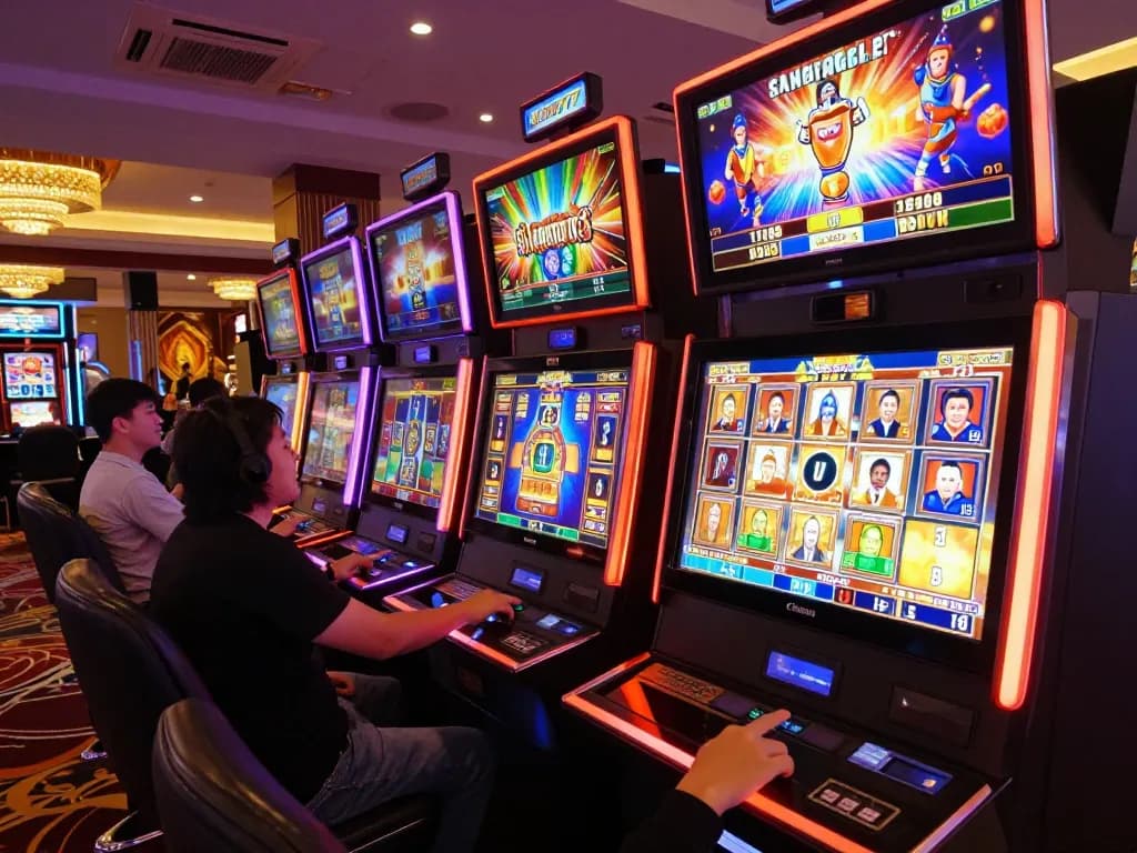 Pemain menikmati mesin slot KING777 yang berwarna-warni, menampilkan kegembiraan dalam suasana kasino yang hidup.