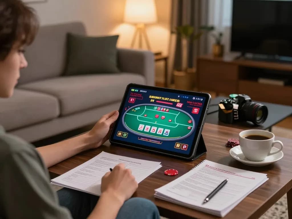 hello88 user enjoying online poker gameplay on a tablet in a modern, cozy home setting