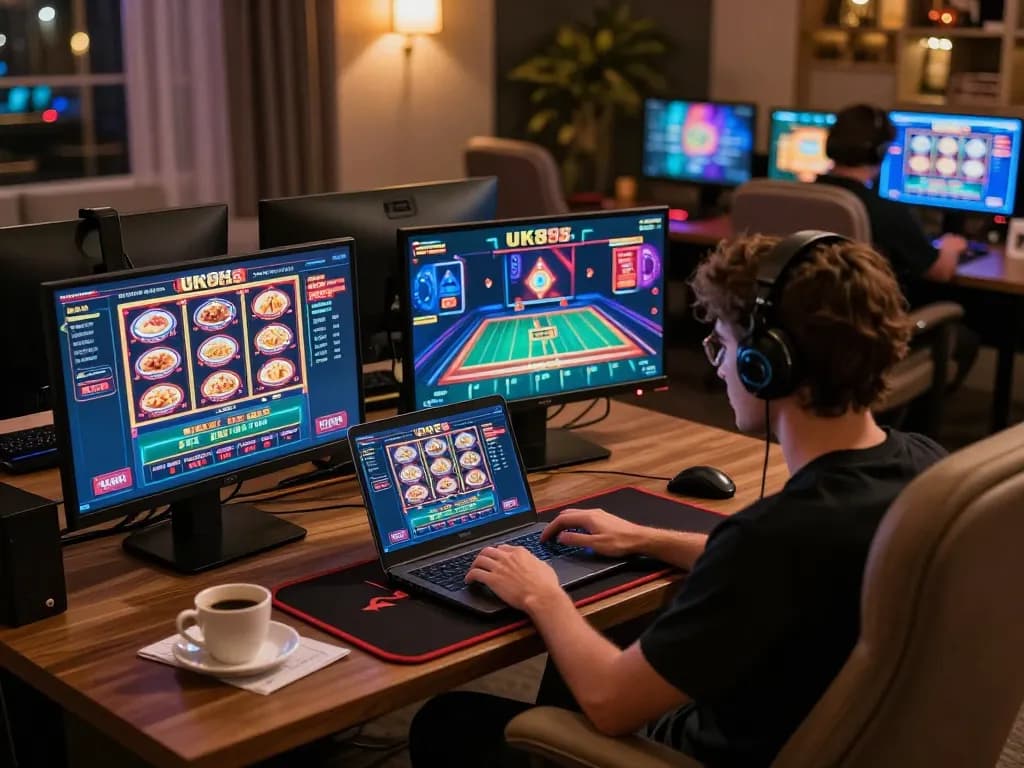 Engaging in online gaming with uk88s on a stylish laptop setup at home.