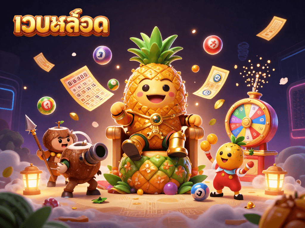 Play เว็บสล็อต with a vibrant scene of casino characters celebrating wins amidst colorful lottery balls.