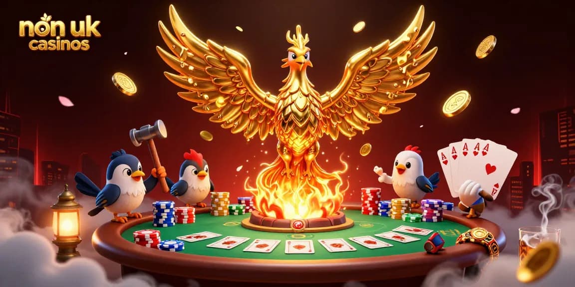 Engage with non UK casinos featuring a golden phoenix, poker games, and vibrant elements.