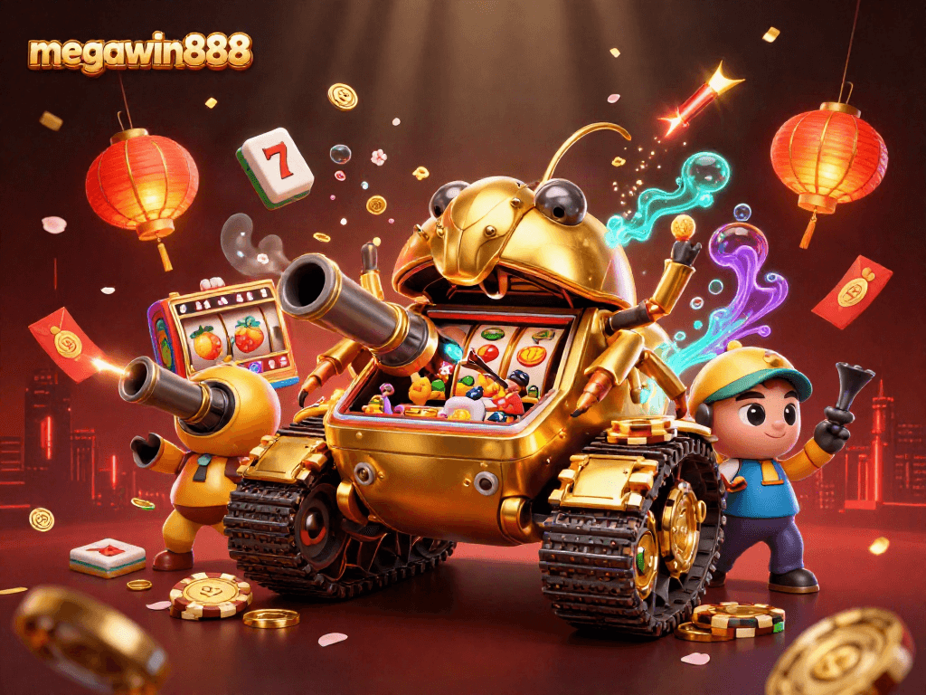 Menangkan permainan di megawin888 dengan ilustrasi kasino mini dalam tank kunyuk emas yang megah.