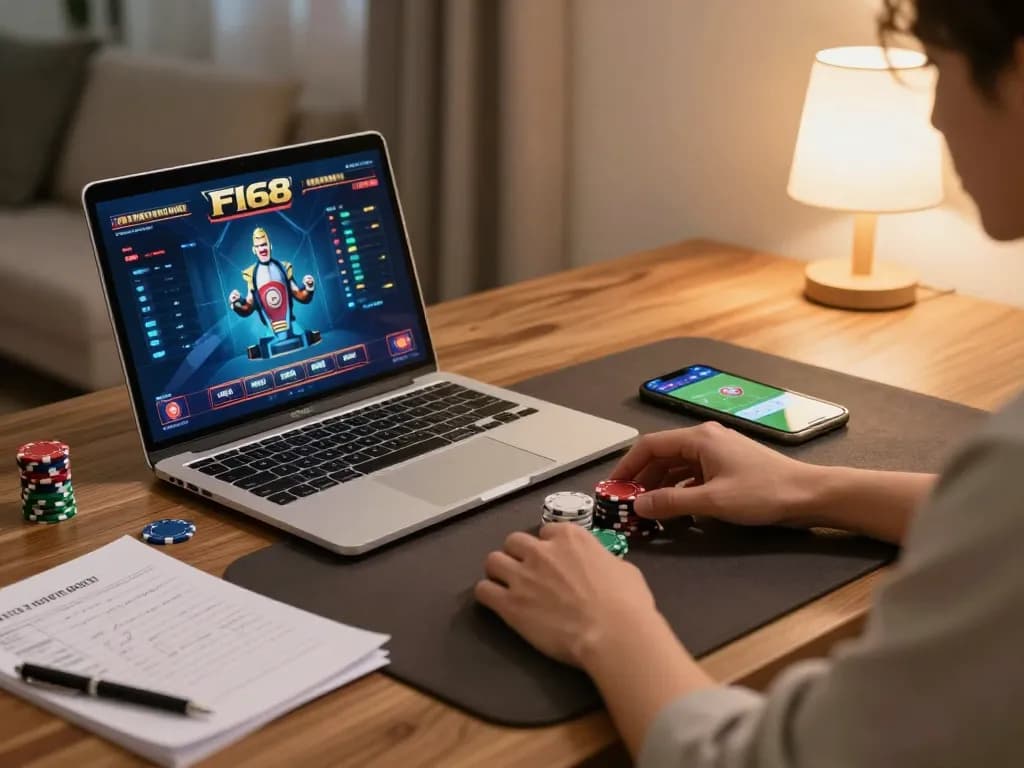 Experience F168's exciting online gaming with a player strategizing bets while seated comfortably at home.