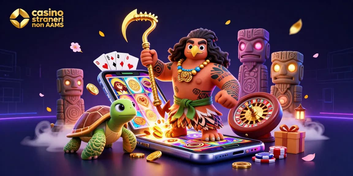 Scopri i casino online stranieri non AAMS in un'illustrazione 3D vivace con elementi e personaggi coinvolgenti dei casino.