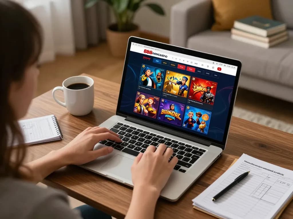Engaged gamer enjoys 888newcasino on a laptop in a cozy home environment.
