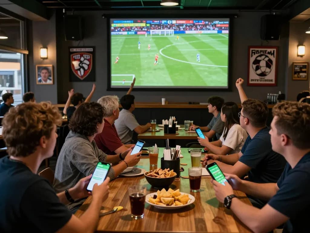 Fans at a sports bar watching the game, engaged in keo nha cai 5 betting strategies and analysis.