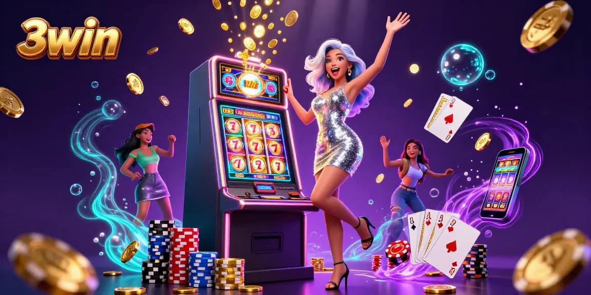 Play and win with 3win in this vibrant casino scene featuring slot machines and celebratory moments.
