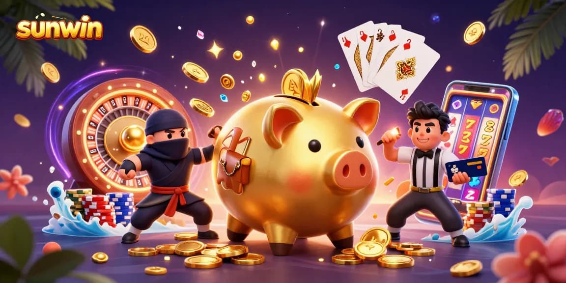 Experience thrilling gameplay at sunwin with a colorful casino scene showcasing dynamic characters and gambling elements.