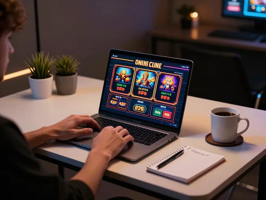 Seorang gamer menikmati slot online di AMAN788 dengan dekorasi yang stylish dan suasana yang nyaman.