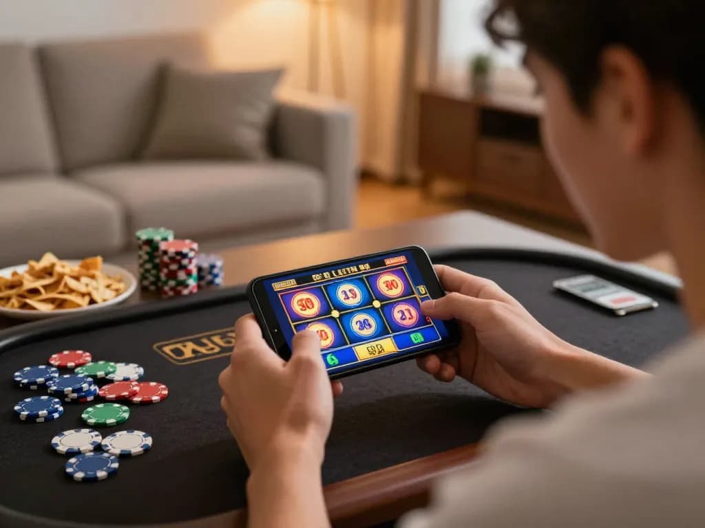 Engaging in kdslot game on smartphone, showcasing colorful online slot graphics in cozy home setup.