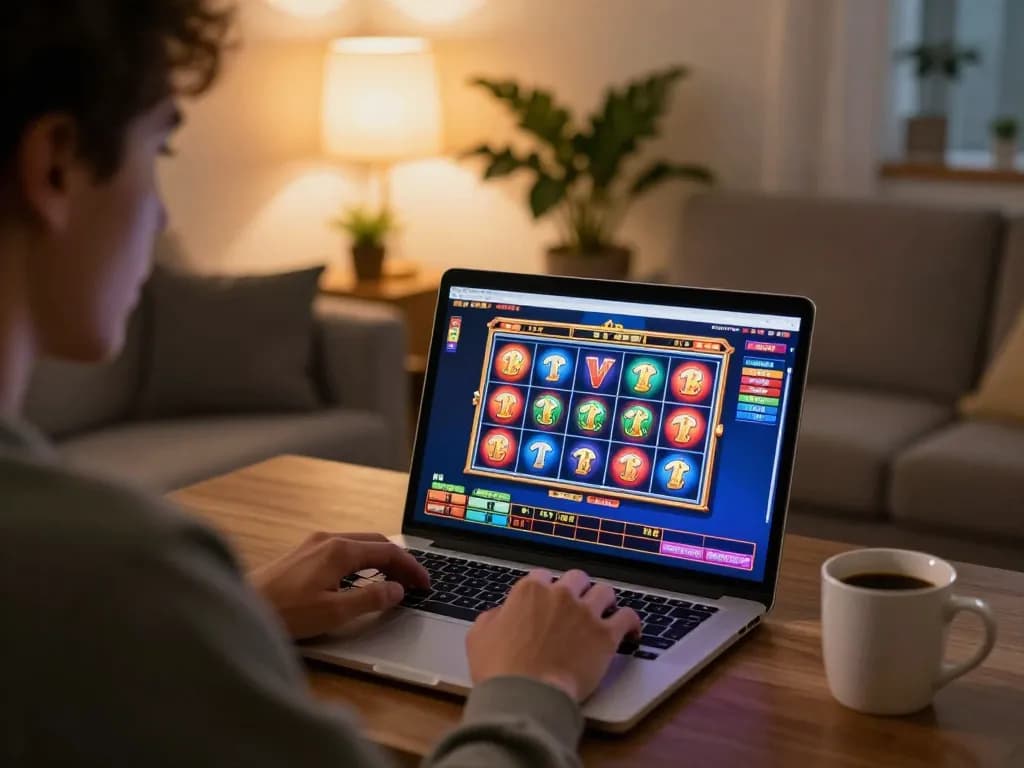 Engaging in slot online gameplay on a laptop in a warm and inviting home setup.