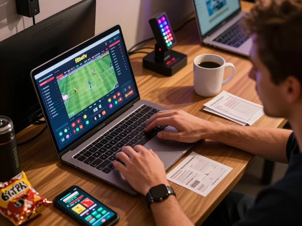 Engaging user betting on f8betlv with laptop set in a cozy online gambling environment.