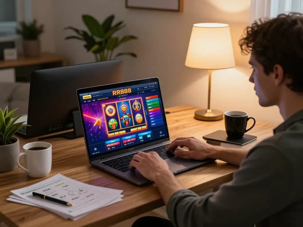 Player engaging with RR888 online casino on laptop at home, showcasing comfortable gaming atmosphere.