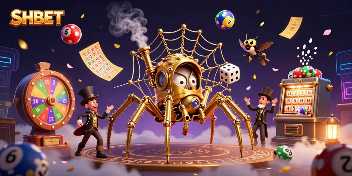 SHBET captures the excitement of winning with a vibrant 3D casino scene featuring a golden spider and dynamic gaming elements.