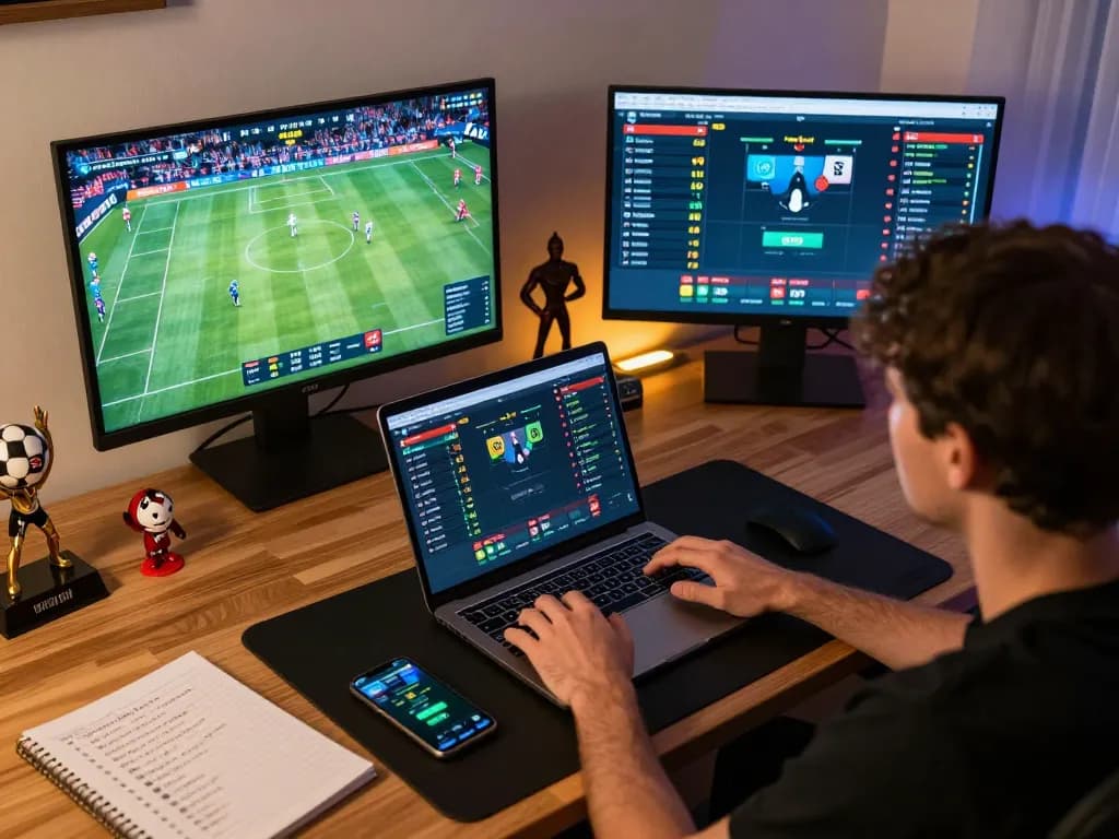 Engaging in sports betting at home with live odds displayed on multiple screens and strategy notes from https://www.dacsandatphanrang.com/.