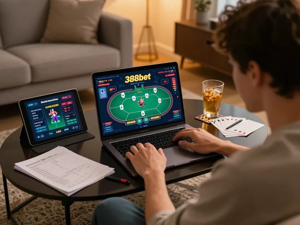 Engaging in poker action on 388bet with vibrant online gaming interface in a cozy home setting.