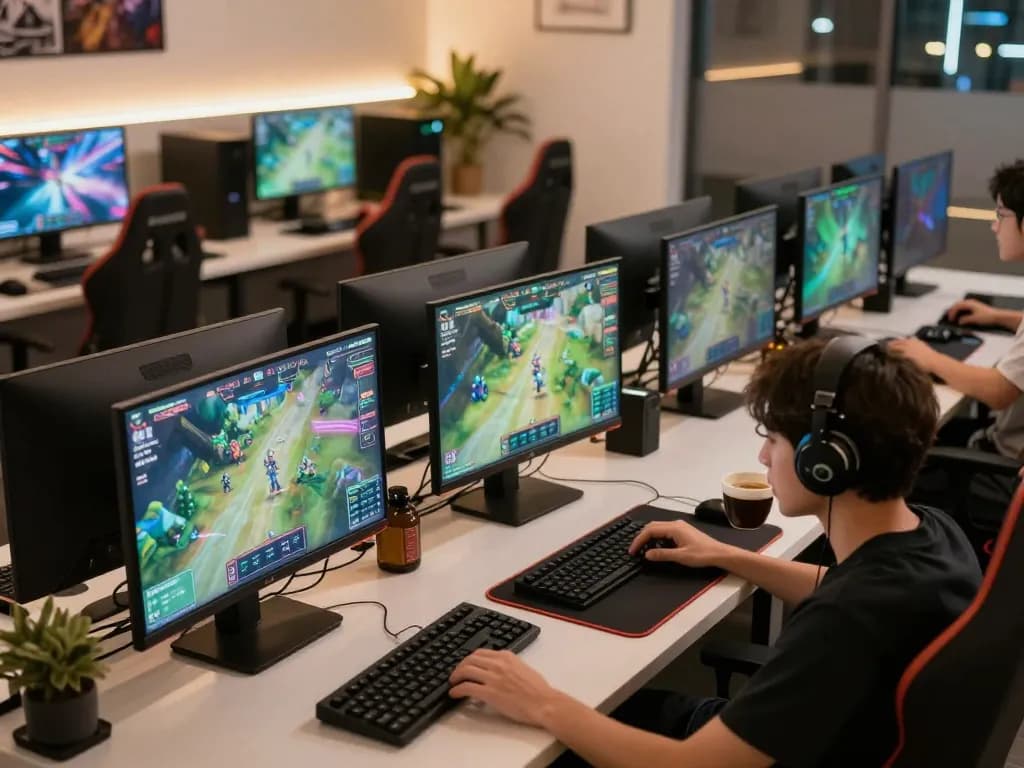 LIGA2000 player engaging in online gaming strategy at a modern workspace with multiple screens.