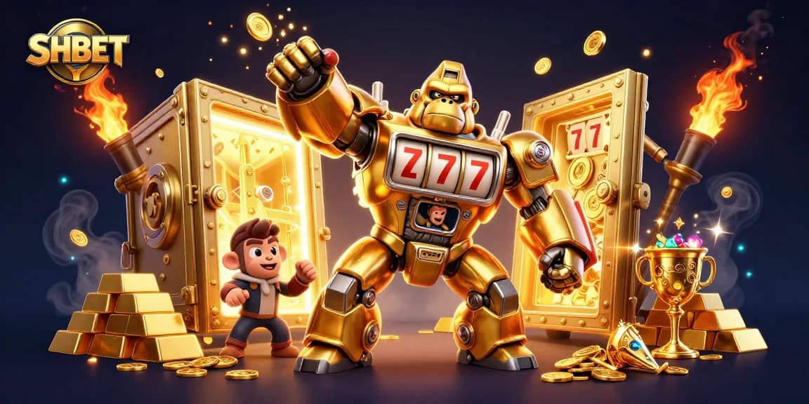 Spin the reels with SHBET's golden gorilla mech and treasure elements in this engaging casino illustration.