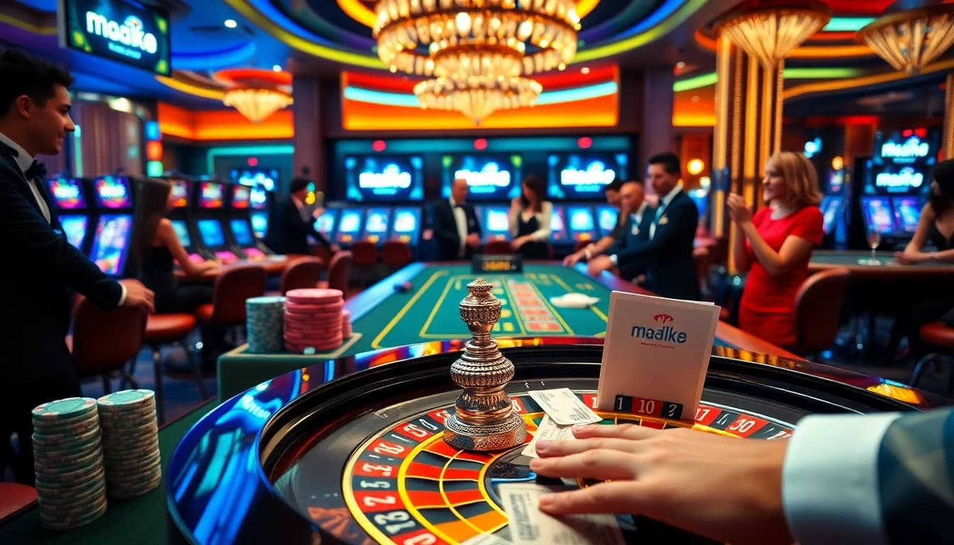 Experience the thrill of สมัคร เว็บตรง mk8 at a luxurious casino scene with poker tables and slot machines.