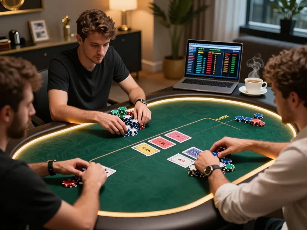 uu88 players strategizing in an online poker game, showcasing colorful chips and cards