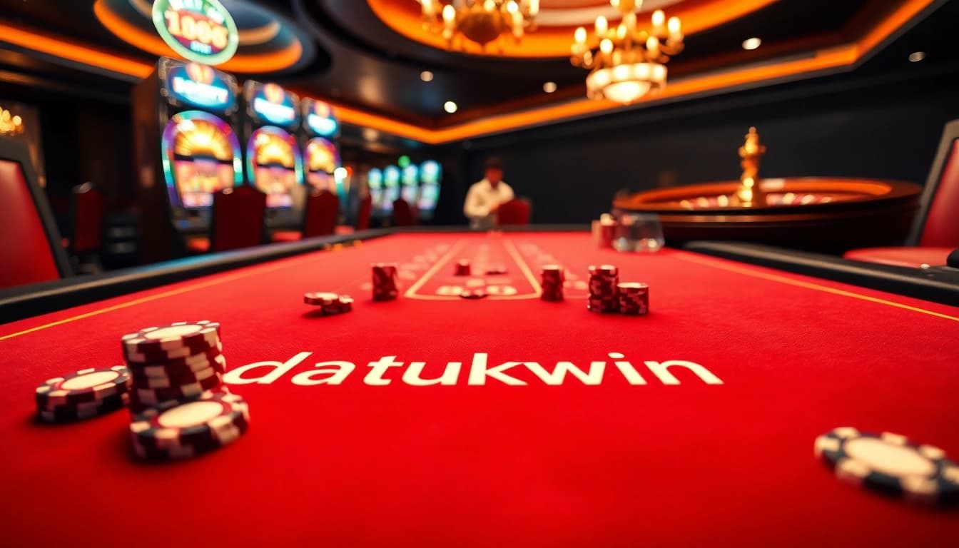 Rasakan sensasi Datukwin di meja judi taruhan tinggi dengan chip poker yang berwarna-warni dan roda roulette.