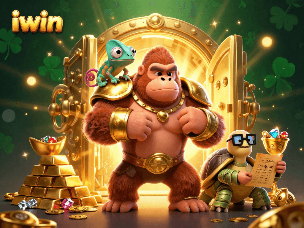 iwin casino adventure featuring a powerful gorilla king, chameleon spy, and wise tortoise elder amidst treasures and gems