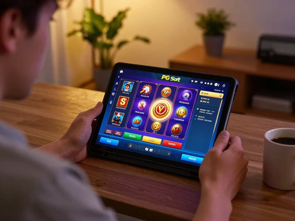 Bermain permainan slot PG Soft di tablet dalam pengaturan rumah yang nyaman