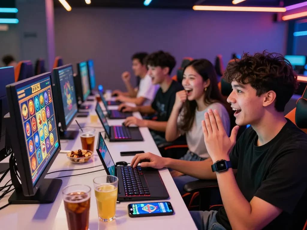 Players immersed in the exciting Zeus138 online slot gaming experience, showcasing vibrant digital displays and a lively atmosphere.