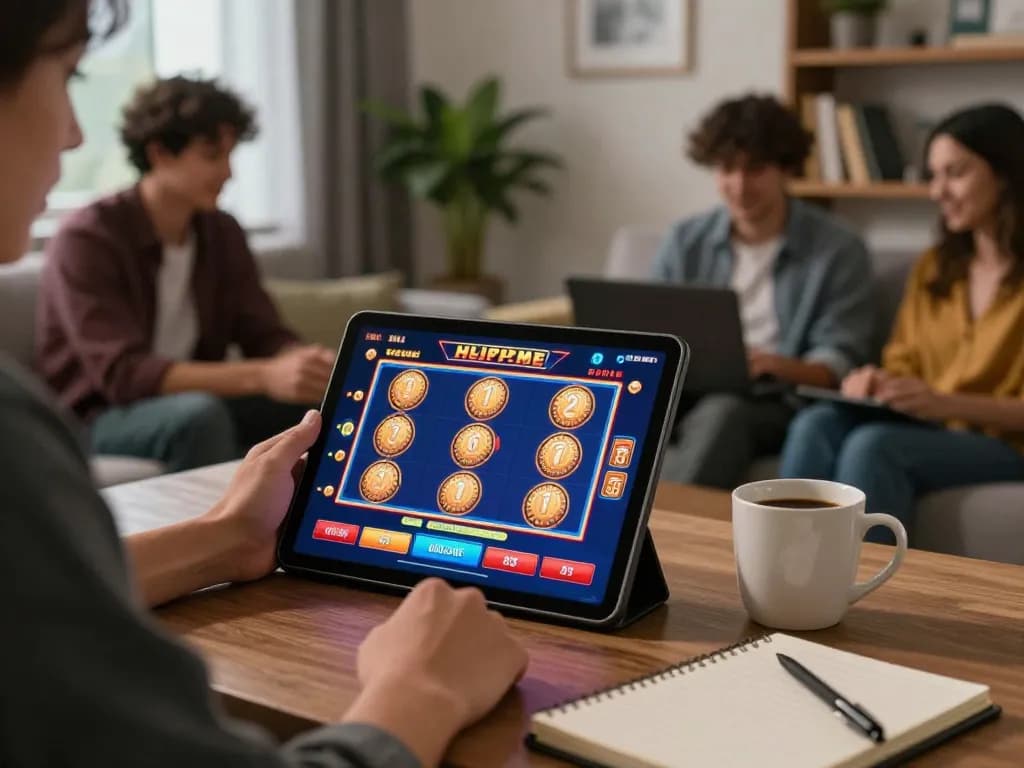 Bermain slot dalam talian di tablet di ruang tamu yang selesa, memaparkan antaramuka permainan yang cerah