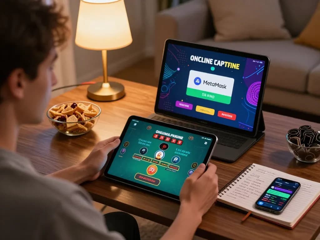 Player enjoying blackjack in an online casino with MetaMask wallet integration, surrounded by strategic notes and snacks.