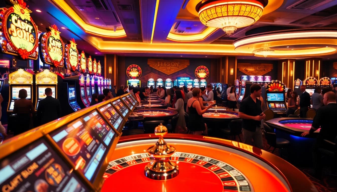 Experience the excitement of y3娛樂 with a lively casino filled with players and colorful games.