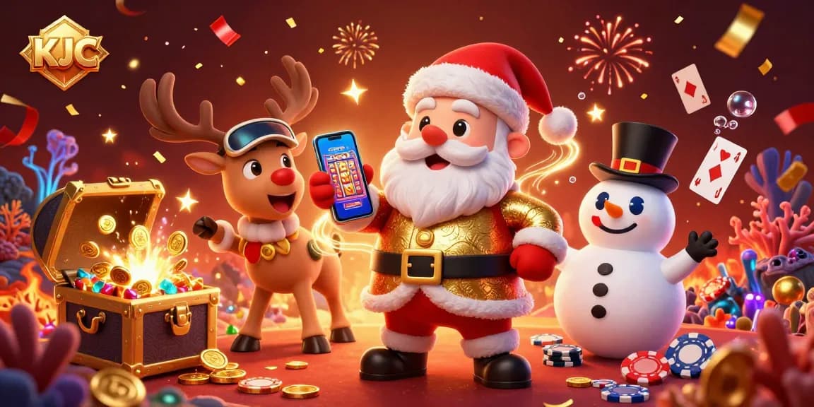 KJC players enjoy slots and jackpots in a vibrant casino scene with festive elements.
