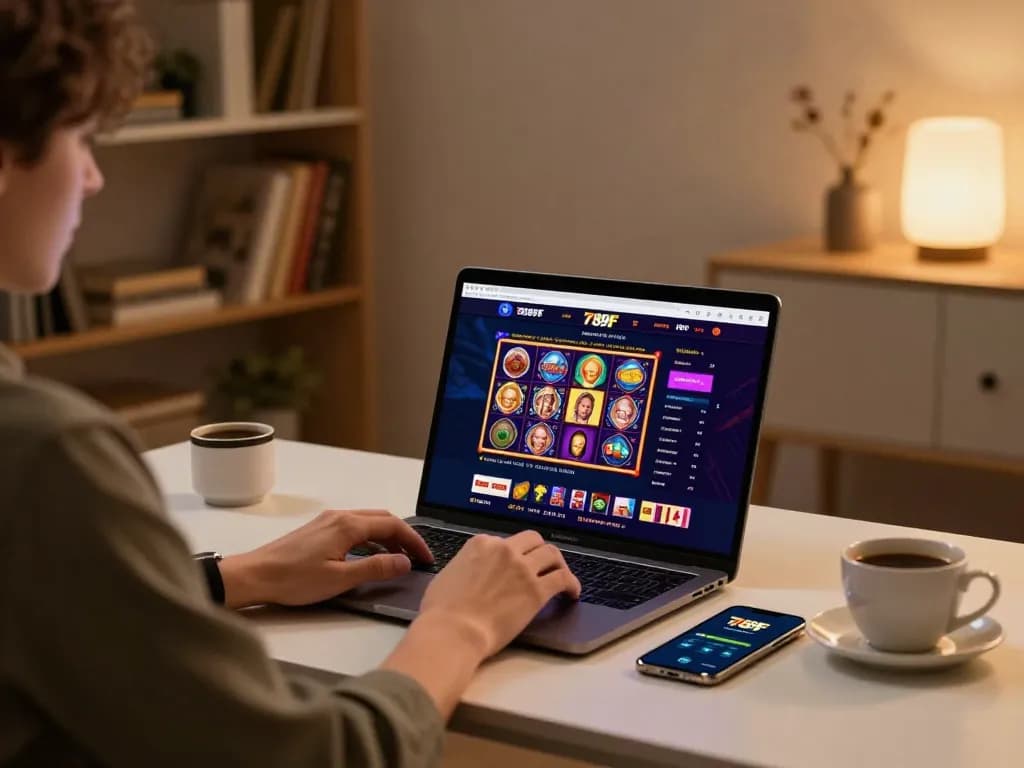 Engaged user exploring 789F online casino platform on a laptop in a cozy home setting.