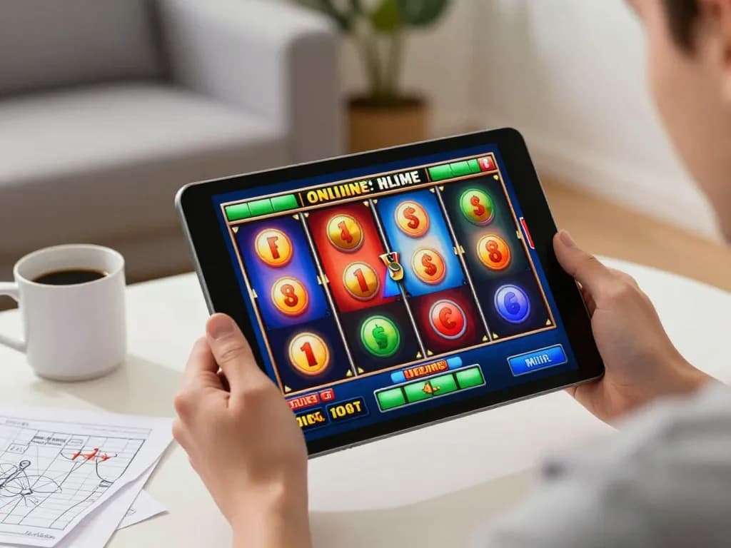 Terlibat dalam permainan slot aman788 di tablet, menampilkan permainan strategis di lingkungan rumah yang nyaman.