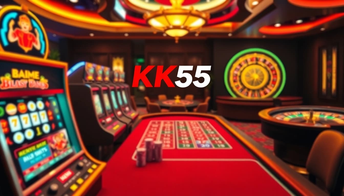 Experience thrilling online gambling at https://kk55.exchange/, featuring vibrant slots and poker tables in a luxurious casino.