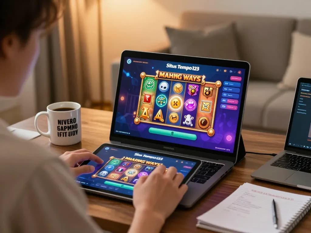 Situs Tempo123 player engaging in Mahjong Ways with vibrant colors and cozy home atmosphere.