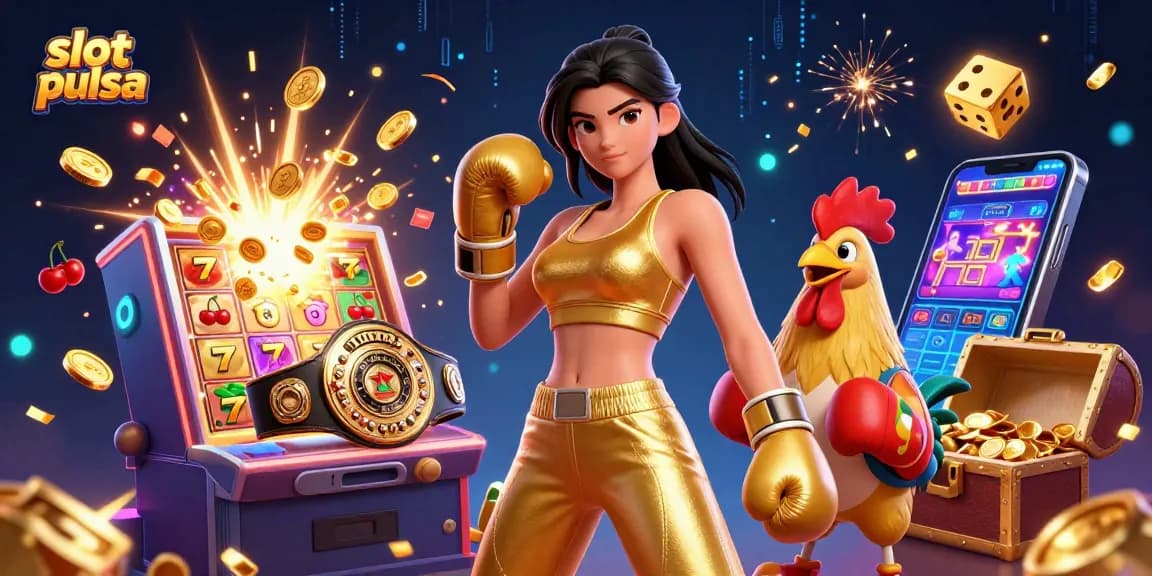 Engage with slot pulsa thrills in a vibrant 3D casino illustration, showcasing dynamic gaming elements and excitement.