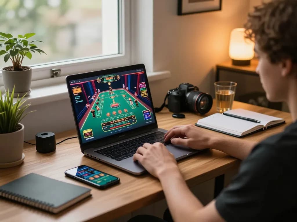Engaging in online casino gaming with bet88 on a laptop while enjoying a cozy home atmosphere