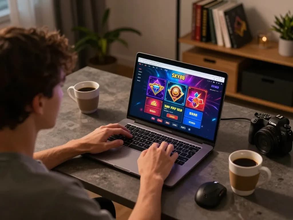 Rasakan permainan yang mendebarkan dengan SKY88 di laptop, menampilkan pilihan taruhan yang beragam dan grafis kasino yang hidup.