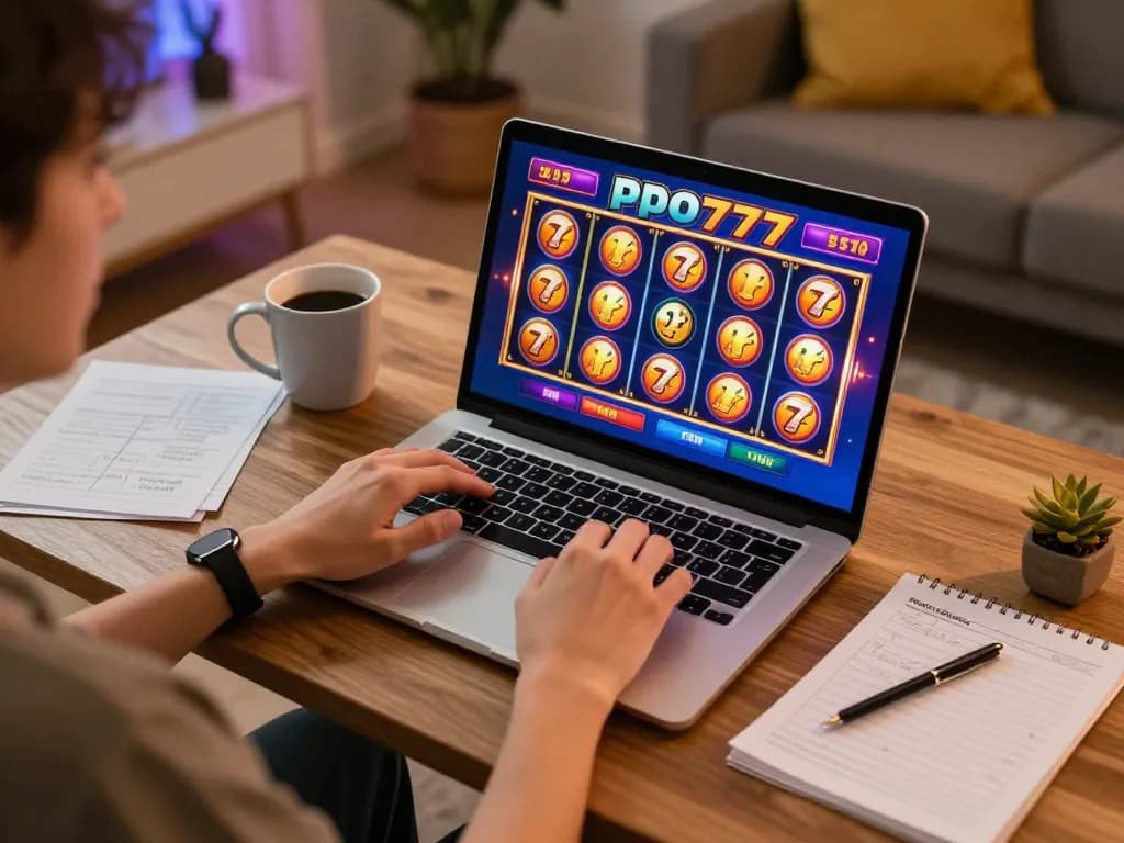 Engaged player enjoying slot mpo777 on laptop, showcasing a dynamic online gaming environment.