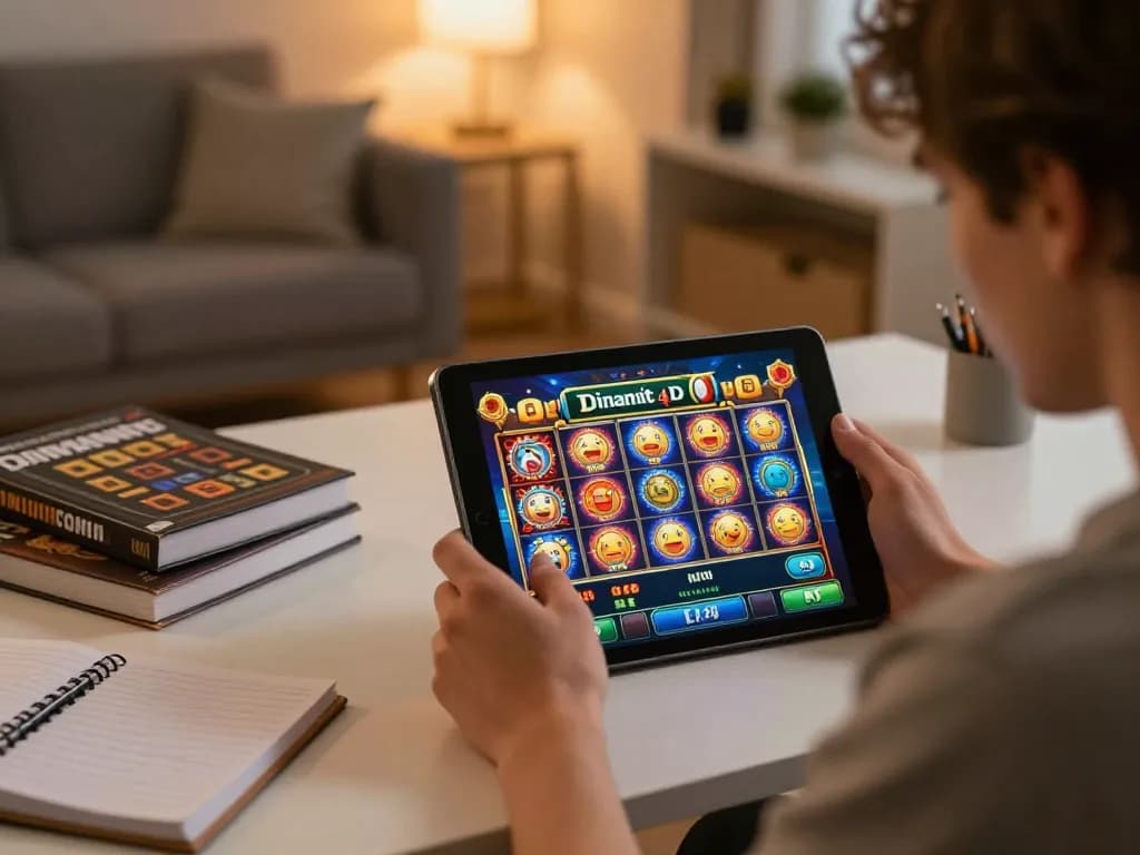 Play Dinamit4D slots on a tablet at a cozy home office with strategy notes present.