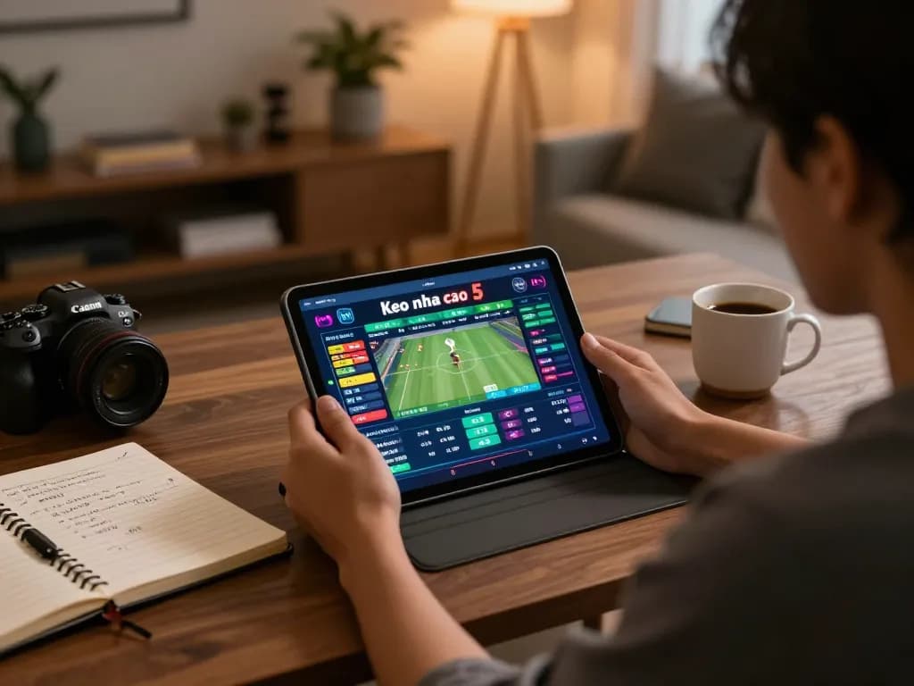 Person engaging with Keo nha cai 5 sports betting interface on tablet at cozy home desk