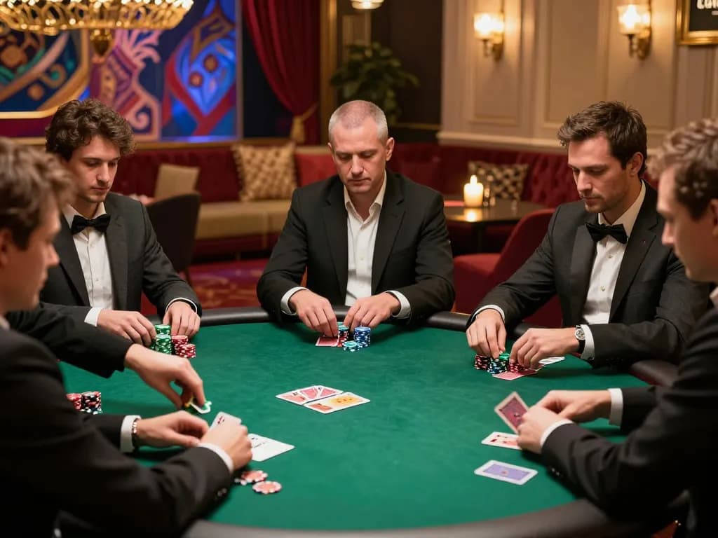 Pemain terlibat dalam permainan poker strategis di kasino yang canggih, defineyouniversity menampilkan suasana kompetitif.