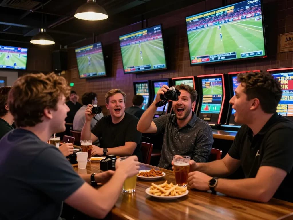 SC88 betting excitement as friends cheer at a sports bar during live game.