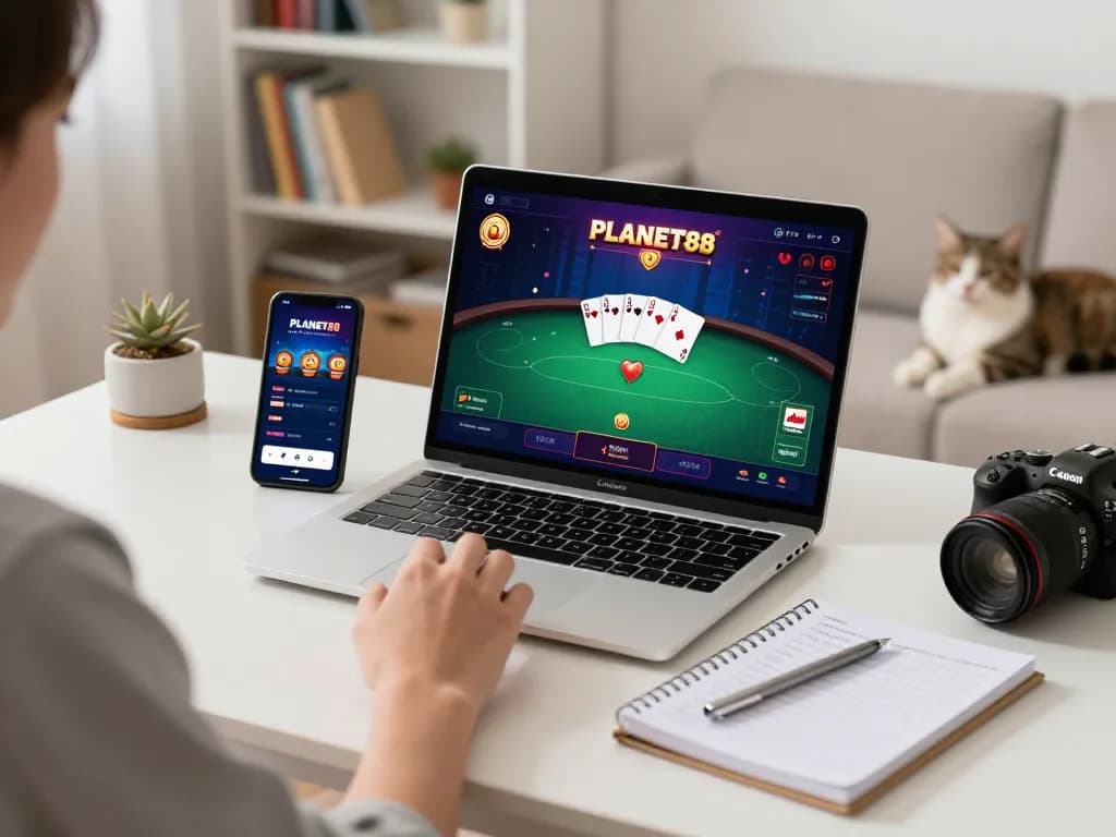 Player enjoying seamless online gaming on the PLANET88 app while strategizing at home.