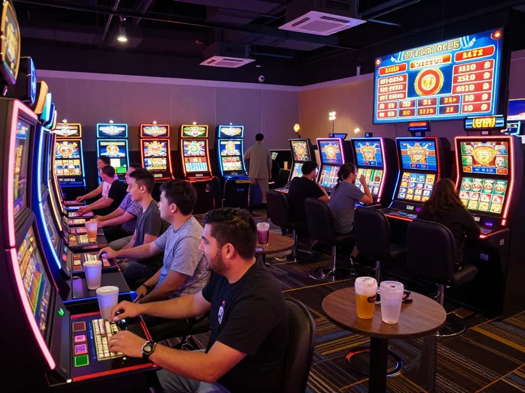 Players enjoy exciting slot games at GTATOGEL casino amid vibrant lights and lively atmosphere.