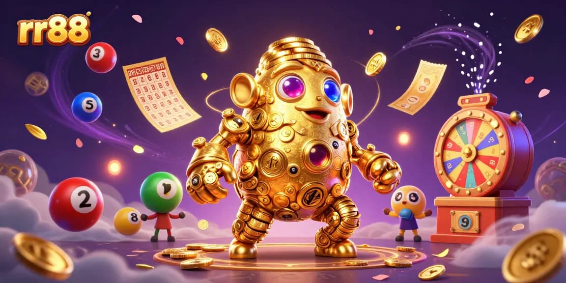 Engage with rr88’s vibrant golden golem amidst a dynamic casino scene filled with excitement and winning potential.