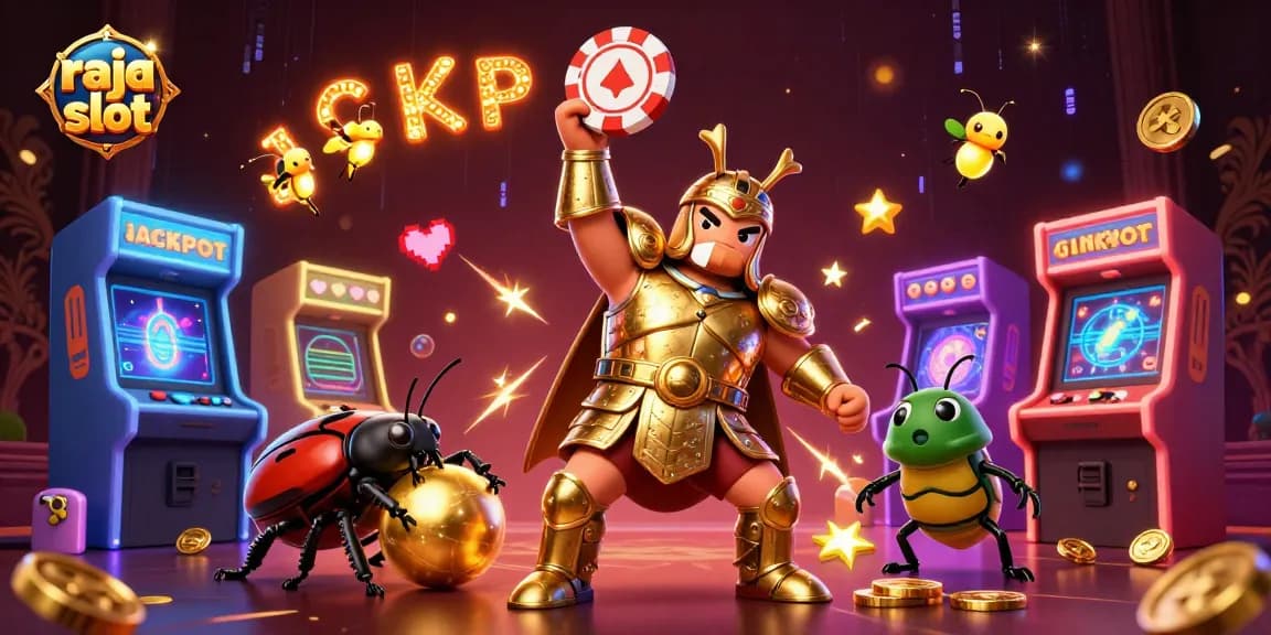 Play raja slot with excitement as hercules beetle celebrates a big win with vibrant casino elements.