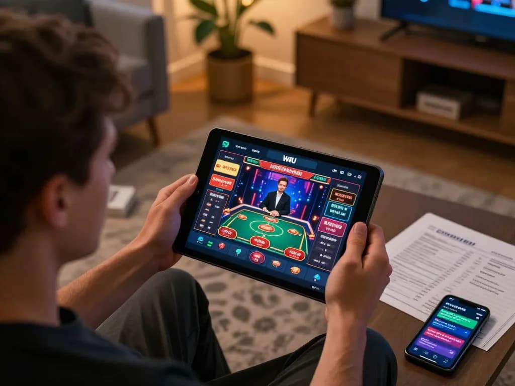 Player engaging with W4U app on tablet previewing exciting online casino games.